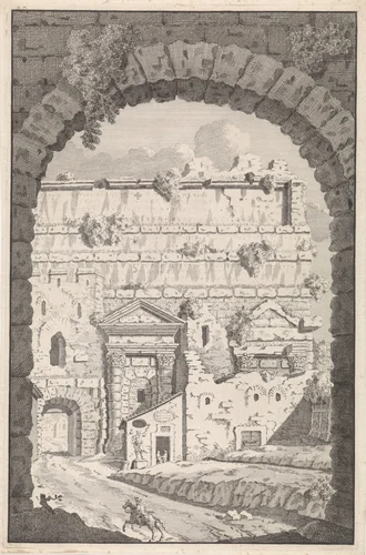 Gezicht door een boog op een ruiter en ruïnes by Bonaventura van Overbeek, print, 1708