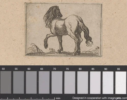 Klauwend paard van achter gezien by Antonio Tempesta, print, 1565-1630