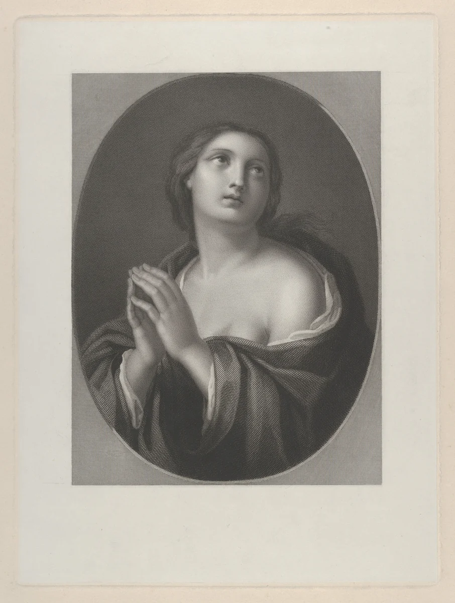 Female personification of Hope looking up with hands held together and left shoulder exposed, in an oval frame, after Reni by anonymous, print, 1800-1900