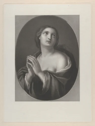 Female personification of Hope looking up with hands held together and left shoulder exposed, in an oval frame, after Reni by anonymous, print, 1800-1900