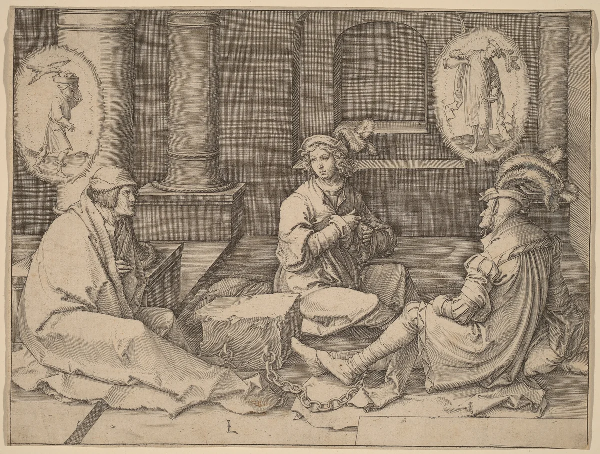Joseph Interprets the Dreams in Prison by Lucas van Leyden, print, 1512