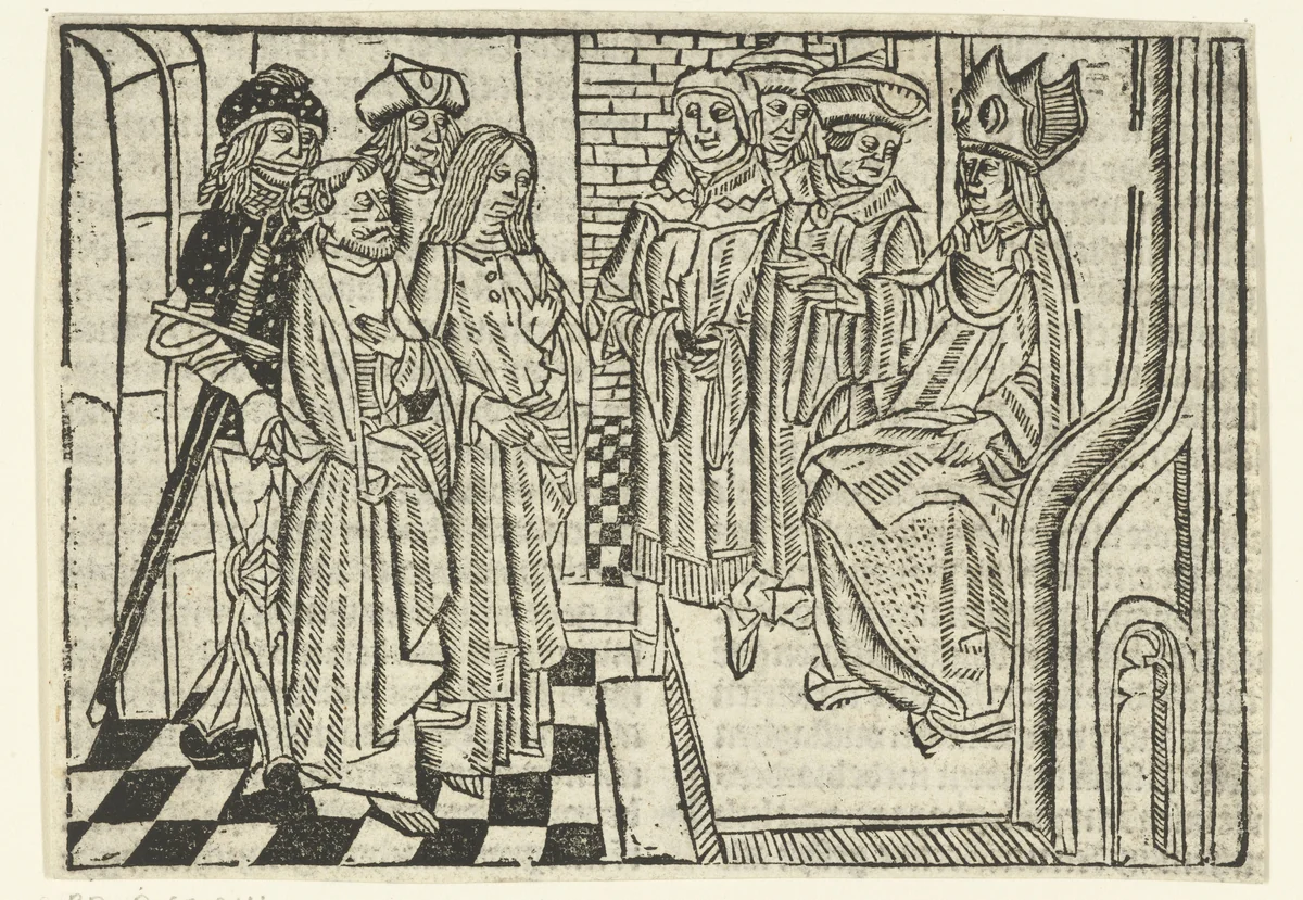 Petrus en Johannes de evangelist voor de hogepriester by Unknown, print, 1480-1500