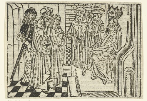 Petrus en Johannes de evangelist voor de hogepriester by Unknown, print, 1480-1500