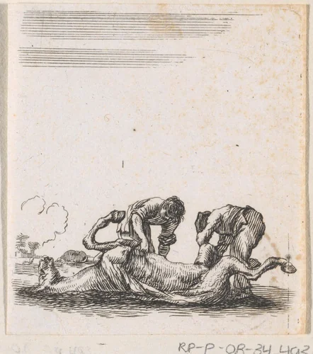 Twee mannen villen een paard by anonymous, print, 1620-1664