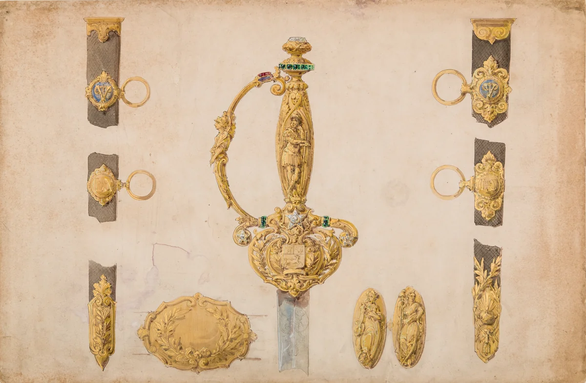 Design for a Sword Hilt, Scabbard, and Belt Fittings by Eugène Julienne, drawing, 1815-1875