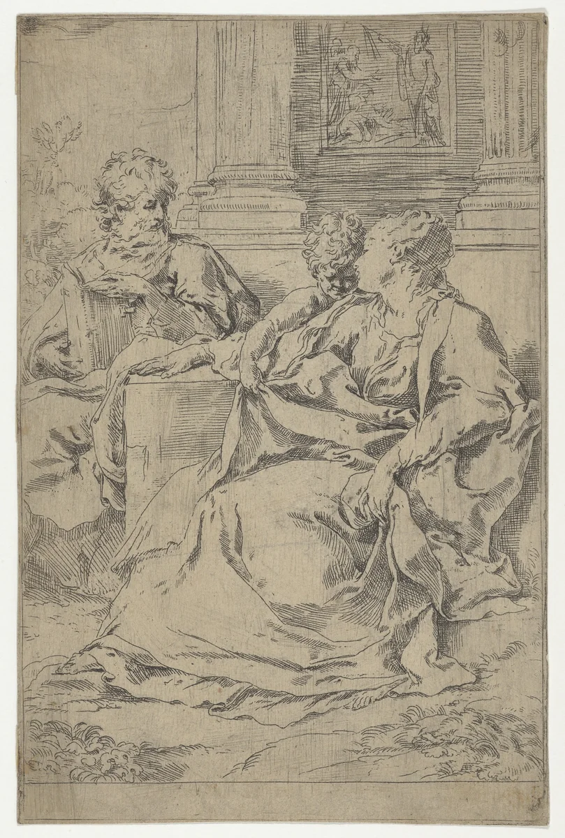 The Holy Family seated together in front of a collonade, Saint Joseph reading and the young Christ grasping the Virgin's drapery by Guido Reni, print, 1585-1615