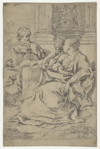 The Holy Family seated together in front of a collonade, Saint Joseph reading and the young Christ grasping the Virgin's drapery by Guido Reni, print, 1585-1615