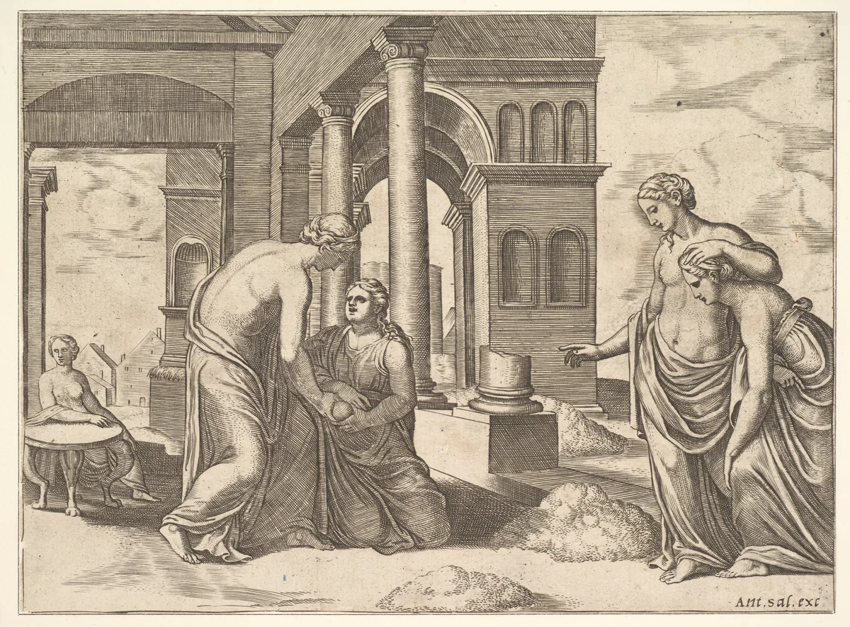 Plate 22: Venus ordering Psyche to Sosort a heap of grain, from the 'Fable of Psyche' by Master of the Die, print, 1530-1560