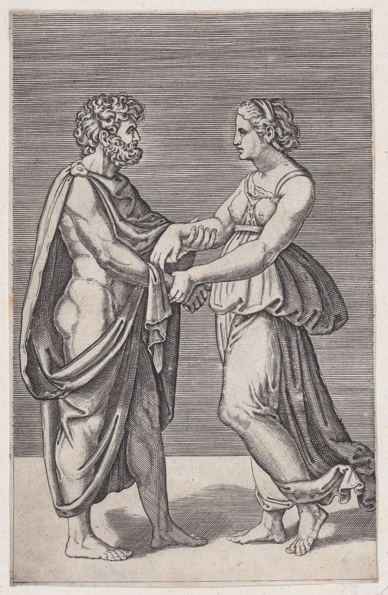 Man and Woman Holding Hands by Agostino Veneziano, print, 1516-1517