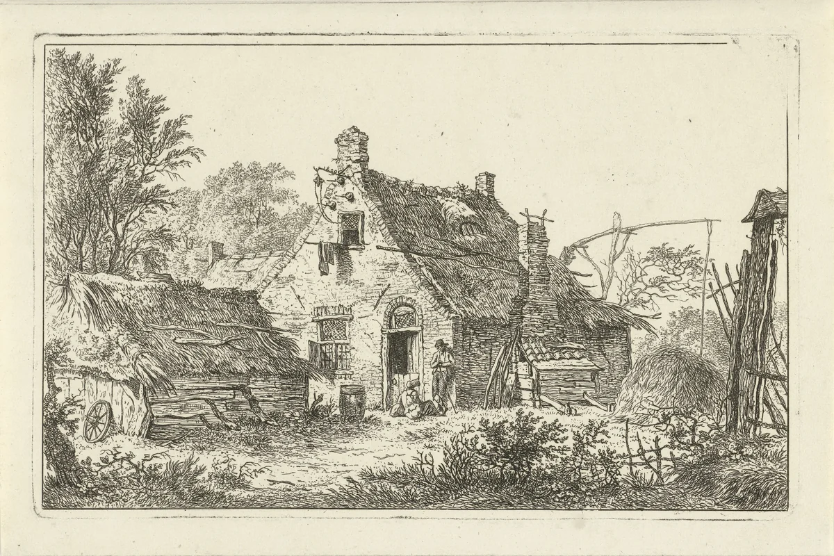 Boerderij met staande man en zittende vrouw by Hermanus Fock, print, 1781-1822