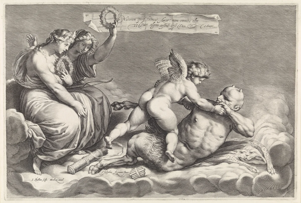 Amor overmeestert Pan (Omnia vincit Amor) by Unknown, print, 1594-1598