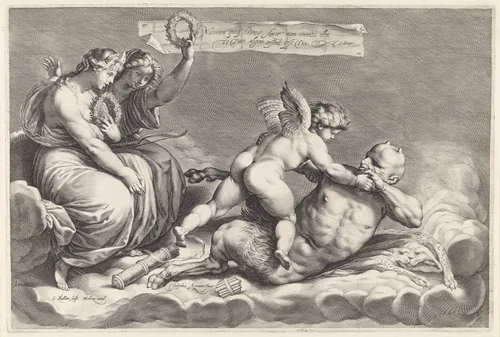 Amor overmeestert Pan (Omnia vincit Amor) by Unknown, print, 1594-1598