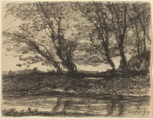 Landscape by Henri Joseph Harpignies, drawing, 1911