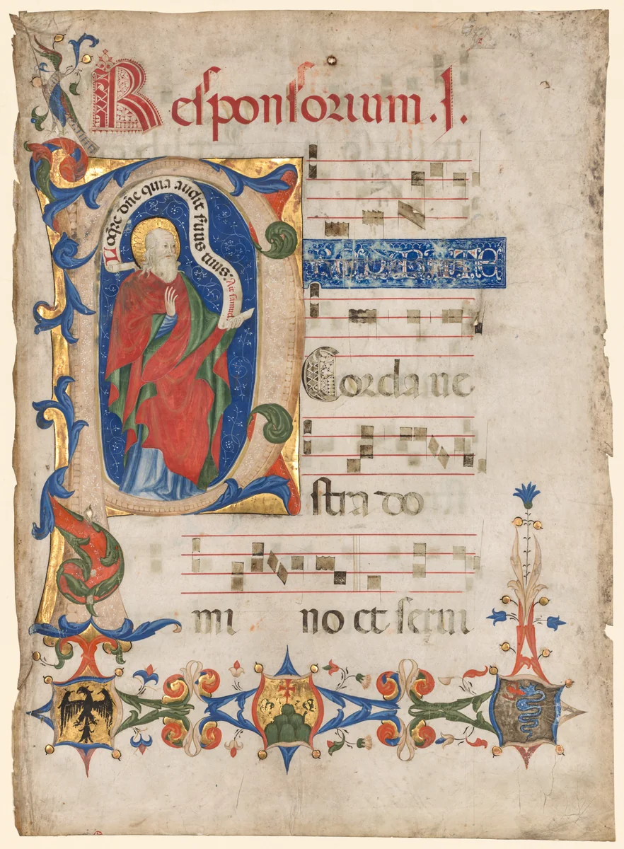 Leaf from an Antiphonary: Historiated Initial P with the Prophet Samuel; Arms of the Visconti Family and the Olivetan Order by Olivetan Master, manuscript, 1434-1452