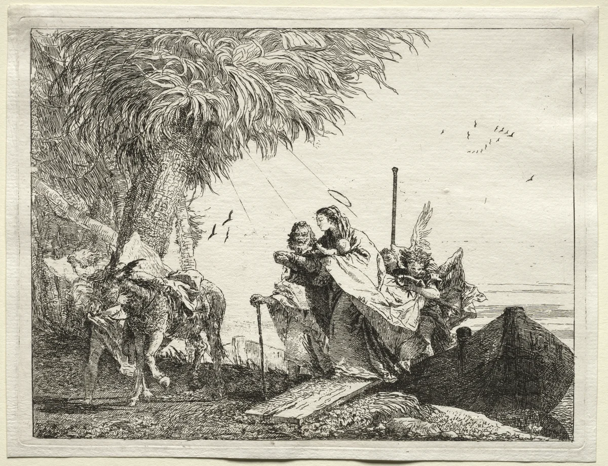 Flight into Egypt: The Holy Family, Disembarking by Giovanni Domenico Tiepolo, print, 1745-1758