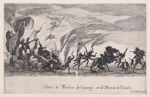 Entrée de MM. de Couvonge et de Chalabre (Entrance of Monsieur du Couvonge and of Monsieur de Chalabre), from "Le Combat a la Barrière" by Jacques Callot, print, 1627