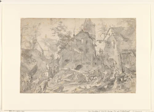 Gezicht op een dorp met dieren en werkende figuren by Pieter Stevens, drawing, 1577-1624