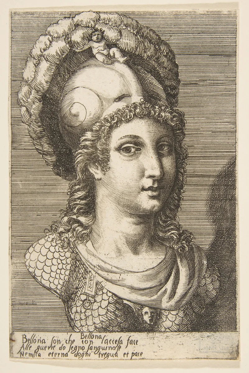 Bust of Bellona by Giulio Bonasone, print, 1526-1536