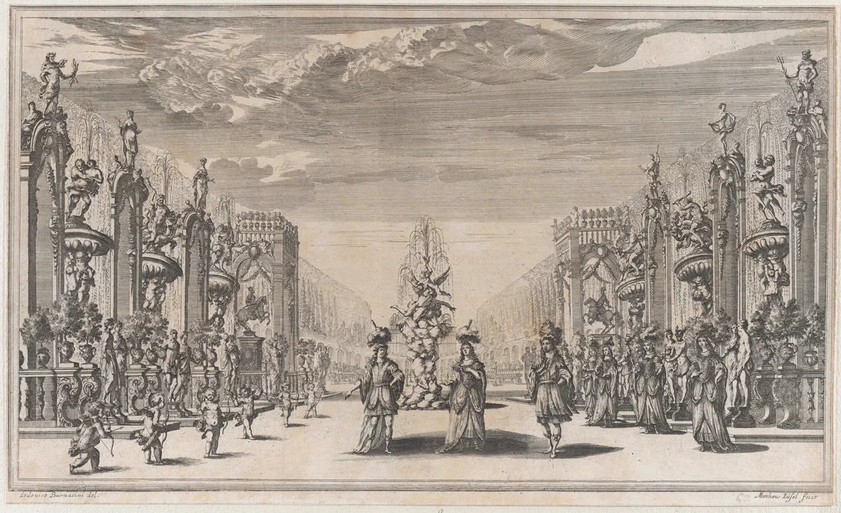Pleasure garden, with three figures in front of a fountain at center, a row of putti to the left, and a group of women to the right; set design from 'Il Pomo D'Oro' by Mathäus Küsel, print, 1668