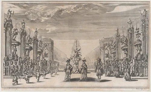 Pleasure garden, with three figures in front of a fountain at center, a row of putti to the left, and a group of women to the right; set design from 'Il Pomo D'Oro' by Mathäus Küsel, print, 1668
