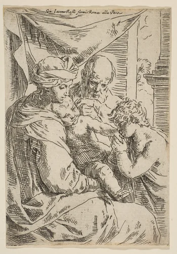 Holy Family with Saint John the Baptist kissing the infant Christ's hand by Simone Cantarini, print, 1637-1647