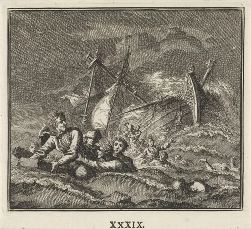 Embleem: schipbreuk by Jan Luyken, print, 1695-1705