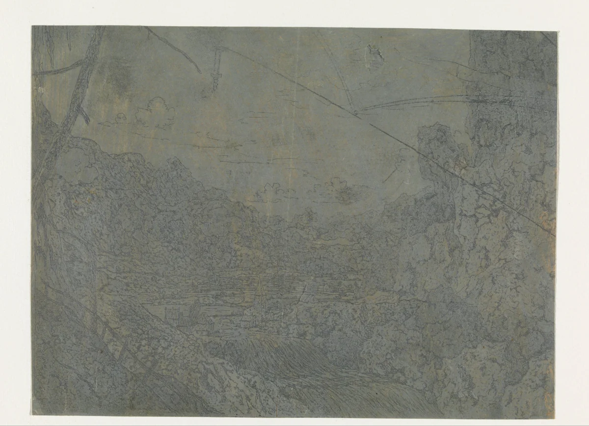 Landscape with a Waterfall, First Version by Hercules Segers, print, 1625-1627