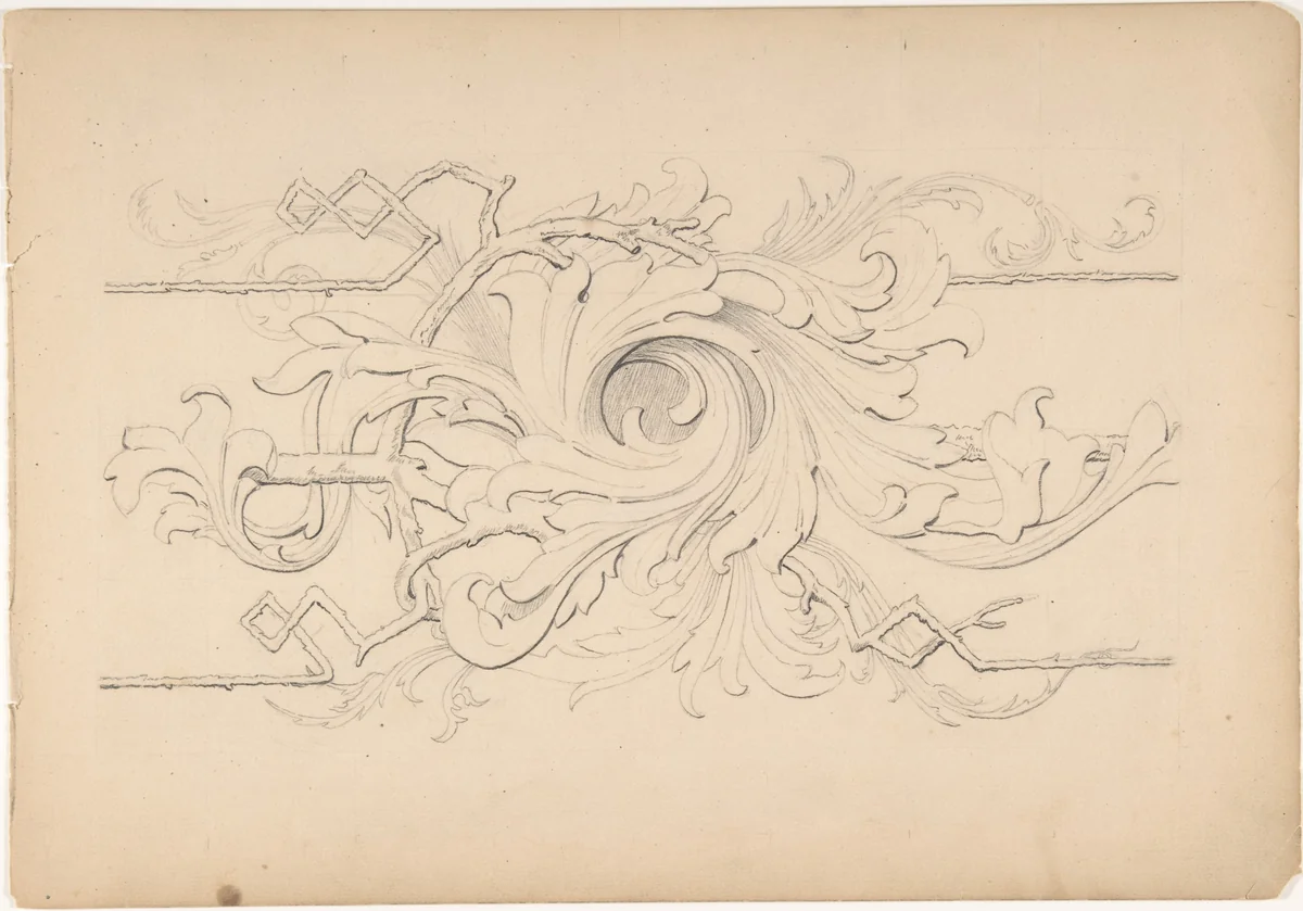 Designs for borders and corners, acanthus by Robert William Hume, drawing, 1830-1904