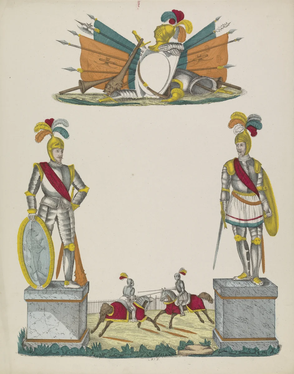 Wensbrief met riddertoernooi by P. Lenaerts, print, 1780-1899