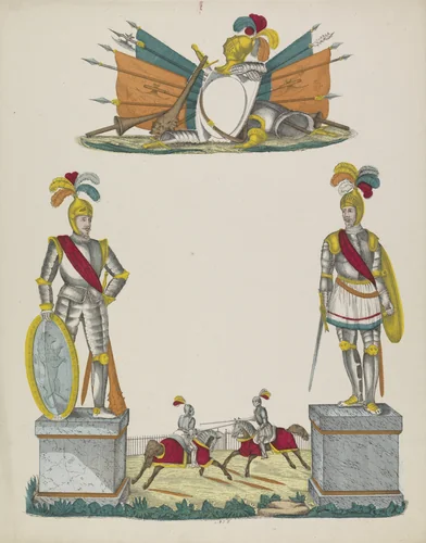Wensbrief met riddertoernooi by P. Lenaerts, print, 1780-1899