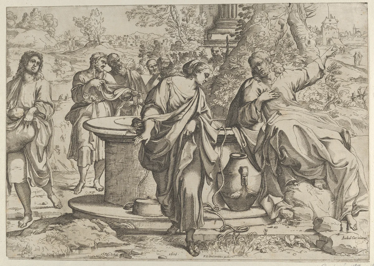 The Samaritan woman standing at the well, Christ seated next to her pointing to the right, after Annibale Caracci by anonymous, print, 1610