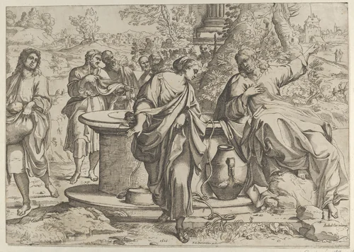 The Samaritan woman standing at the well, Christ seated next to her pointing to the right, after Annibale Caracci by anonymous, print, 1610