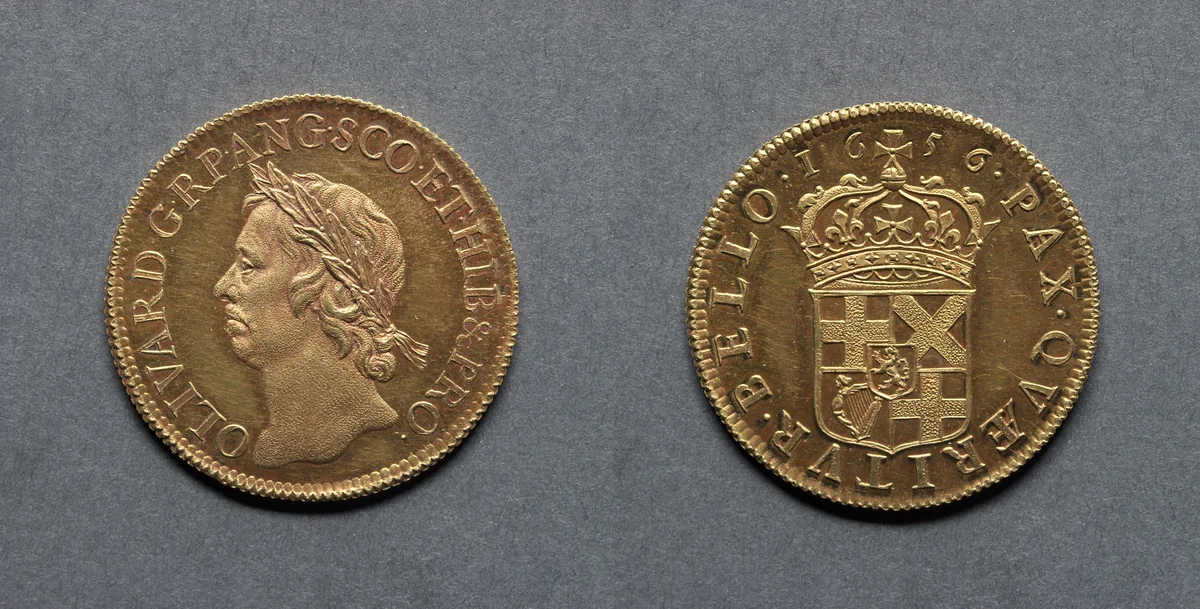Broad: Oliver Cromwell Lord Protector (obverse); Crowned Shield of Arms (reverse) by Thomas Simon, metalwork, 1656