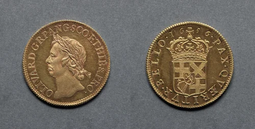 Broad: Oliver Cromwell Lord Protector (obverse); Crowned Shield of Arms (reverse) by Thomas Simon, metalwork, 1656