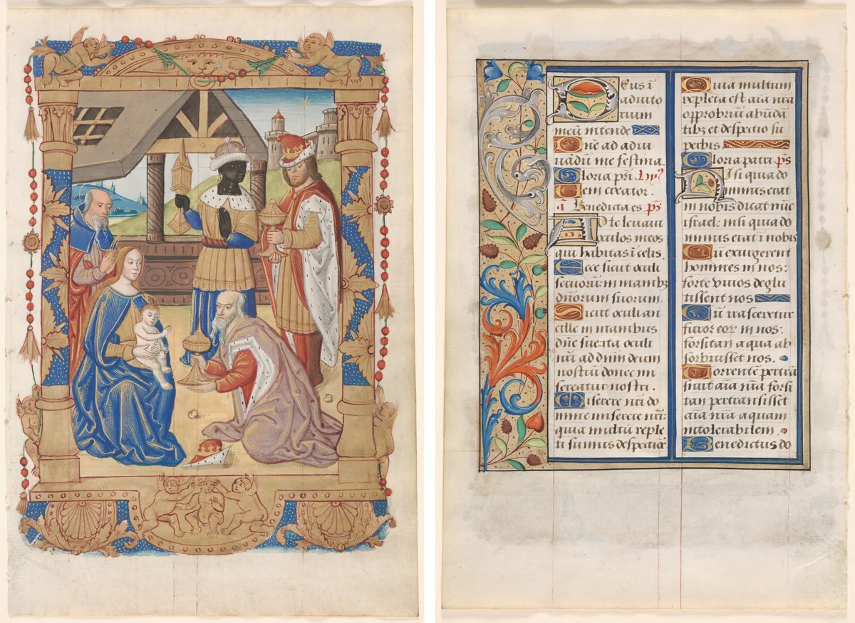 Leaf from a Book of Hours: Adoration of the Magi (recto) and Text with Illustrated Border (verso) (3 of 3 Excised Leaves) by Unknown, manuscript, 1505-1515