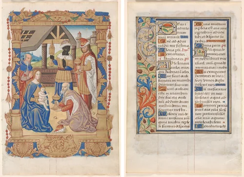 Leaf from a Book of Hours: Adoration of the Magi (recto) and Text with Illustrated Border (verso) (3 of 3 Excised Leaves) by Unknown, manuscript, 1505-1515