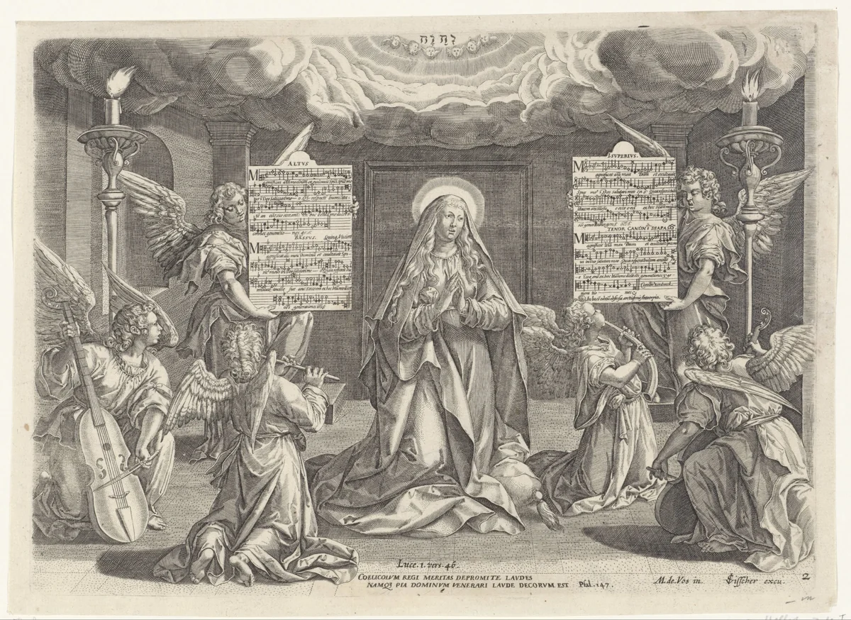 Maria omringd door musicerende engelen by anonymous, print, 1585-1643