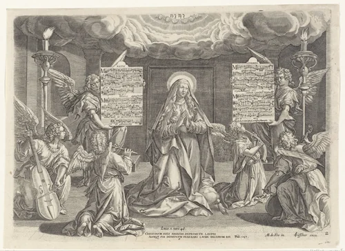 Maria omringd door musicerende engelen by anonymous, print, 1585-1643
