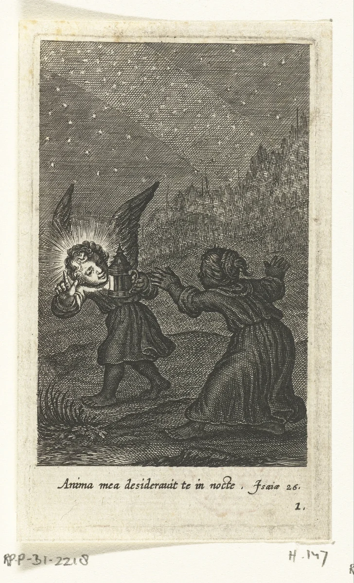Kind vindt engel met lantaarn in het donker by Boëtius Adamsz. Bolswert, print, 1590-1624