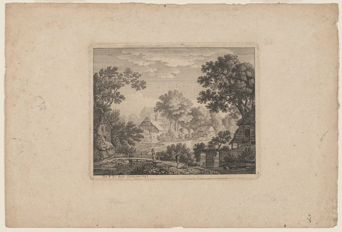 Woodland Village with a Woman on a Footbridge by John Smith; George Smith, print, 1757