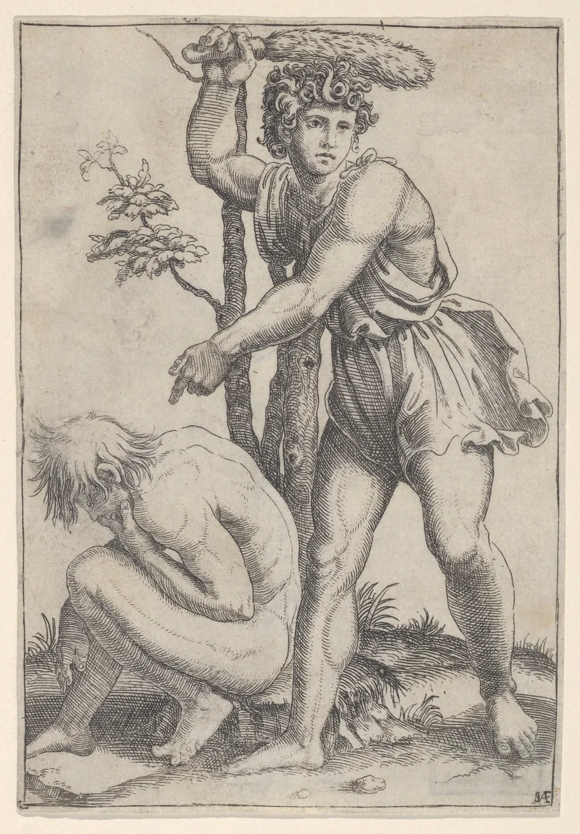 The seated naked man at left being beaten with a fox's tail by Marcantonio Raimondi, print, 1505-1515