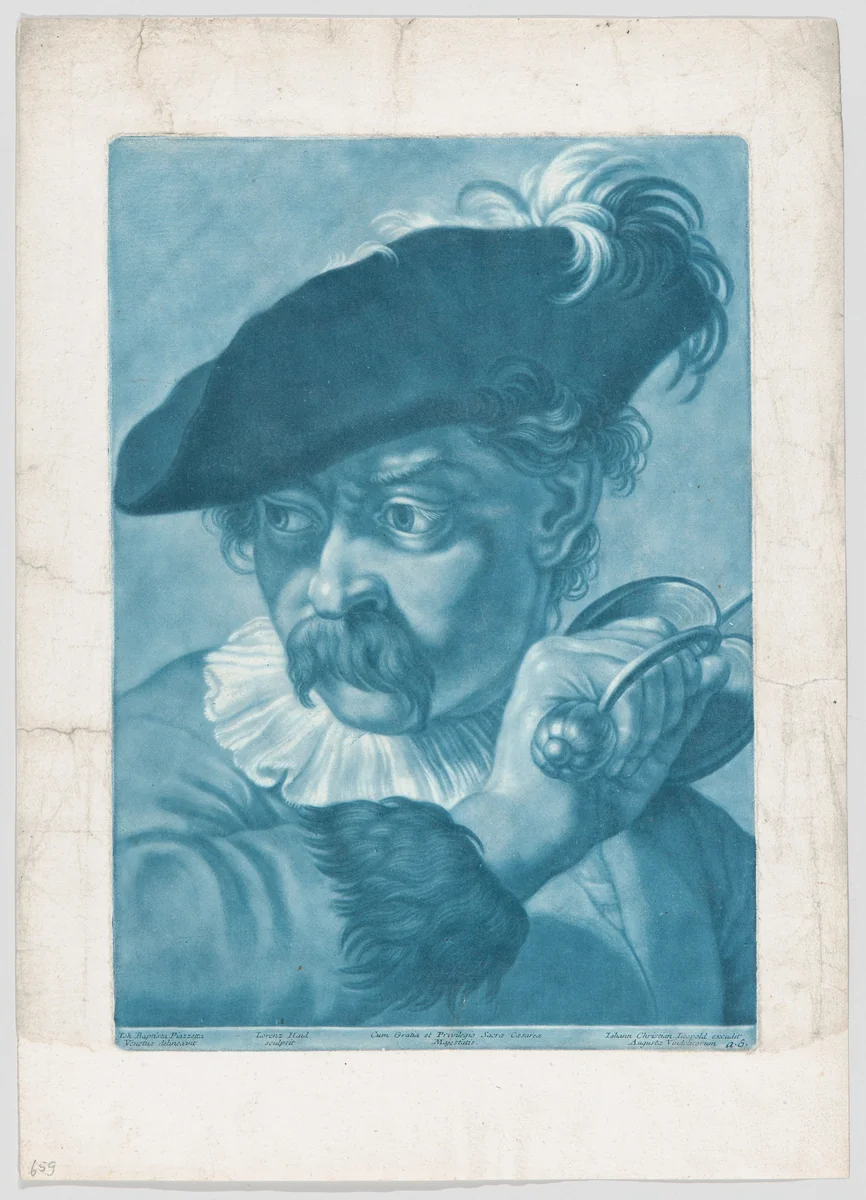 Imaginary portrait head of a man in a feathered hat; from the series of 22 imaginary portrait heads after Giovanni Battista Piazzetta by Johann Lorenz Haid, print, 1725-1755