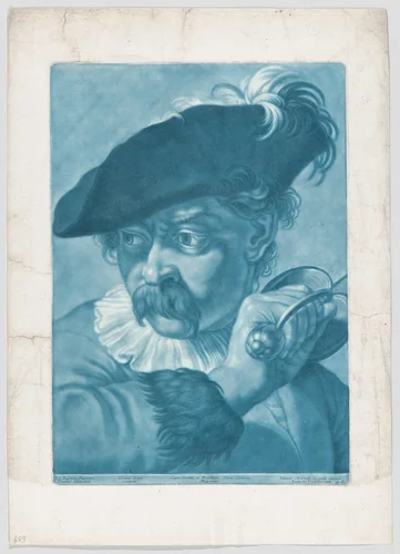 Imaginary portrait head of a man in a feathered hat; from the series of 22 imaginary portrait heads after Giovanni Battista Piazzetta by Johann Lorenz Haid, print, 1725-1755