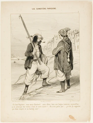 “- All right Rigobert, my old friend.... we are going to make a long trip today.... did you bring enough provisions on board of our vessel? - Don't talk about it.... all I was able to bring along are two biscuits and a red herring,” plate 1 from Les Canotiers Parisiens by Honoré-Victorin Daumier, print, 1843