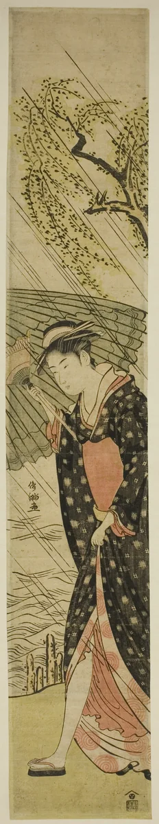 Young Woman Walking on a River Bank in Rain by Kubo Shunman (窪俊満), print, 1775-1820
