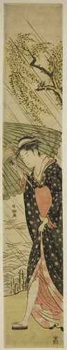 Young Woman Walking on a River Bank in Rain by Kubo Shunman (窪俊満), print, 1775-1820
