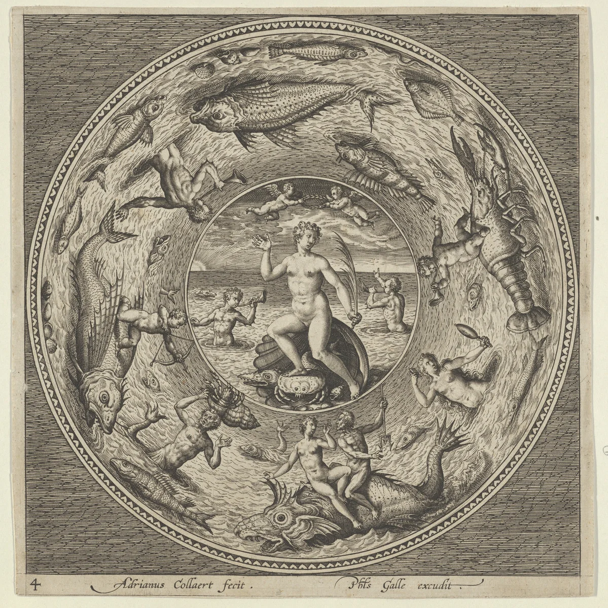 Design for a Plate with Galatea on a Shell Flanked by Trumpeters in a Medallion Bordered by Sea Monsters by Adriaen Collaert, print, 1595-1605