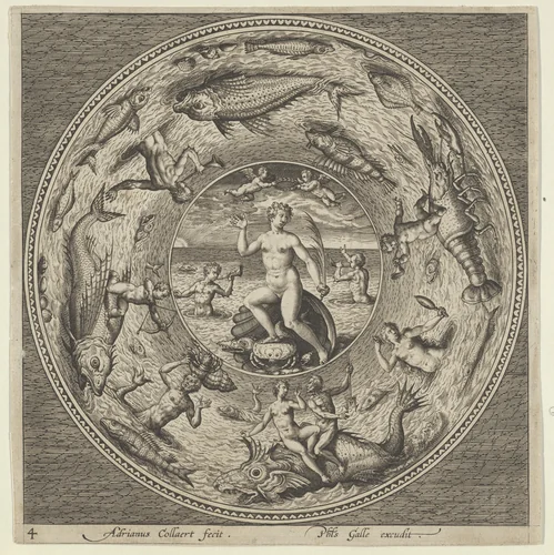 Design for a Plate with Galatea on a Shell Flanked by Trumpeters in a Medallion Bordered by Sea Monsters by Adriaen Collaert, print, 1595-1605