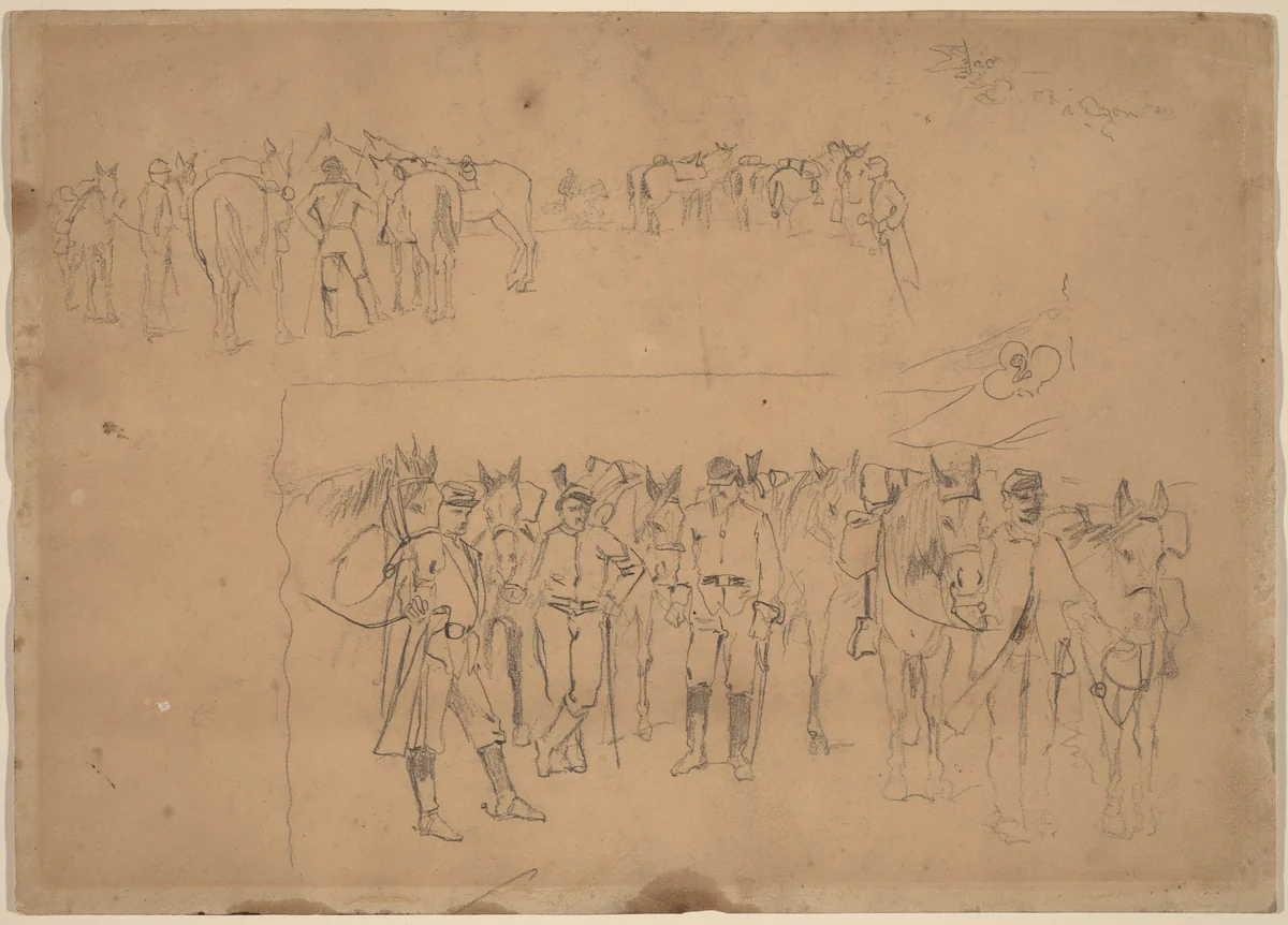 Officers and Horses at Rest by Winslow Homer, drawing, 1864