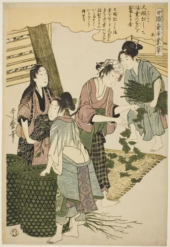 No. 5 (go), from the series "Women Engaged in the Sericulture Industry (Joshoku kaiko tewaza-gusa)" by Kitagawa Utamaro (喜多川歌麿), print, 1793-1805